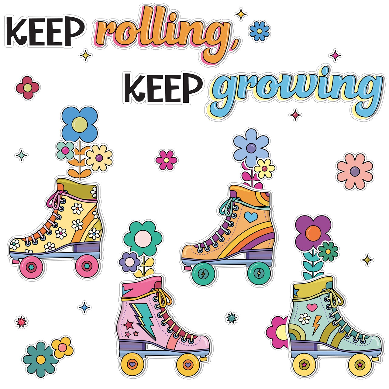 Happily Ever Elementary Retro Remix 103-Piece Motivational Bulletin Board Set, Roller Skates, Flowers, and More Groovy Bulletin Board Decorations for Classroom Decor